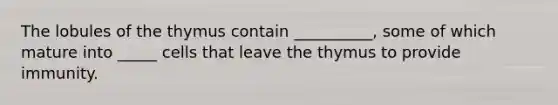 The lobules of the thymus contain __________, some of which mature into _____ cells that leave the thymus to provide immunity.