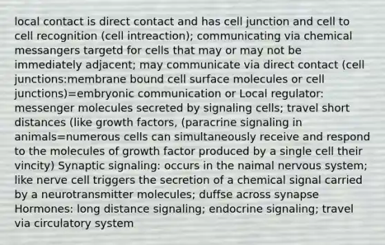 local contact is direct contact and has cell junction and cell to cell recognition (cell intreaction); communicating via chemical messangers targetd for cells that may or may not be immediately adjacent; may communicate via direct contact (cell junctions:membrane bound cell surface molecules or cell junctions)=embryonic communication or Local regulator: messenger molecules secreted by signaling cells; travel short distances (like growth factors, (paracrine signaling in animals=numerous cells can simultaneously receive and respond to the molecules of growth factor produced by a single cell their vincity) Synaptic signaling: occurs in the naimal nervous system; like nerve cell triggers the secretion of a chemical signal carried by a neurotransmitter molecules; duffse across synapse Hormones: long distance signaling; endocrine signaling; travel via circulatory system