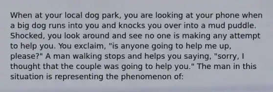 When at your local dog park, you are looking at your phone when a big dog runs into you and knocks you over into a mud puddle. Shocked, you look around and see no one is making any attempt to help you. You exclaim, "is anyone going to help me up, please?" A man walking stops and helps you saying, "sorry, I thought that the couple was going to help you." The man in this situation is representing the phenomenon of: