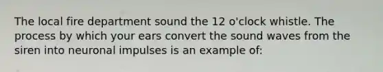 The local fire department sound the 12 o'clock whistle. The process by which your ears convert the sound waves from the siren into neuronal impulses is an example of: