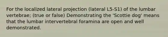 For the localized lateral projection (lateral L5-S1) of the lumbar vertebrae; (true or false) Demonstrating the 'Scottie dog' means that the lumbar intervertebral foramina are open and well demonstrated.