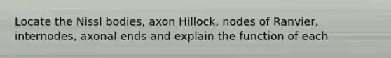 Locate the Nissl bodies, axon Hillock, nodes of Ranvier, internodes, axonal ends and explain the function of each