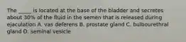 The _____ is located at the base of the bladder and secretes about 30% of the fluid in the semen that is released during ejaculation A. vas deferens B. prostate gland C. bulbourethral gland D. seminal vesicle