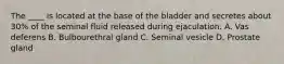 The ____ is located at the base of the bladder and secretes about 30% of the seminal fluid released during ejaculation. A. Vas deferens B. Bulbourethral gland C. Seminal vesicle D. Prostate gland