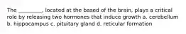 The _________, located at the based of the brain, plays a critical role by releasing two hormones that induce growth a. cerebellum b. hippocampus c. pituitary gland d. reticular formation