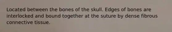 Located between the bones of the skull. Edges of bones are interlocked and bound together at the suture by dense fibrous connective tissue.