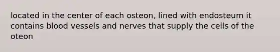 located in the center of each osteon, lined with endosteum it contains blood vessels and nerves that supply the cells of the oteon