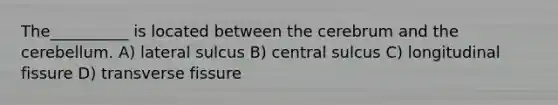 The__________ is located between the cerebrum and the cerebellum. A) lateral sulcus B) central sulcus C) longitudinal fissure D) transverse fissure