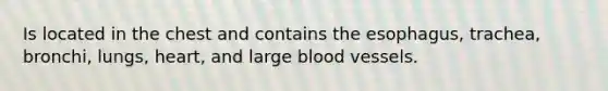 Is located in the chest and contains the esophagus, trachea, bronchi, lungs, heart, and large blood vessels.