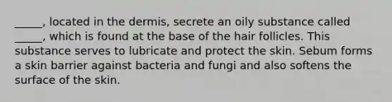 _____, located in the dermis, secrete an oily substance called _____, which is found at the base of the hair follicles. This substance serves to lubricate and protect the skin. Sebum forms a skin barrier against bacteria and fungi and also softens the surface of the skin.