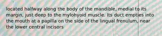 located halfway along the body of the mandible, medial to its margin, just deep to the mylohyoid muscle. Its duct empties into <a href='https://www.questionai.com/knowledge/krBoWYDU6j-the-mouth' class='anchor-knowledge'>the mouth</a> at a papilla on the side of the lingual frenulum, near the lower central incisors