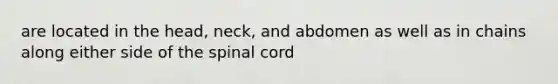 are located in the head, neck, and abdomen as well as in chains along either side of the spinal cord