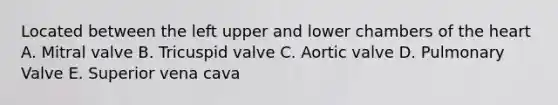 Located between the left upper and lower chambers of the heart A. Mitral valve B. Tricuspid valve C. Aortic valve D. Pulmonary Valve E. Superior vena cava