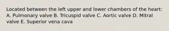 Located between the left upper and lower chambers of the heart: A. Pulmonary valve B. Tricuspid valve C. Aortic valve D. Mitral valve E. Superior vena cava