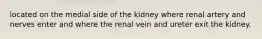 located on the medial side of the kidney where renal artery and nerves enter and where the renal vein and ureter exit the kidney.