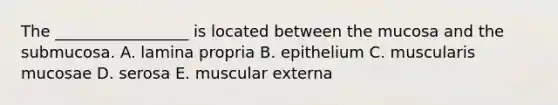 The _________________ is located between the mucosa and the submucosa. A. lamina propria B. epithelium C. muscularis mucosae D. serosa E. muscular externa