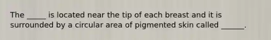 The _____ is located near the tip of each breast and it is surrounded by a circular area of pigmented skin called ______.