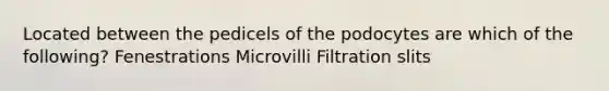 Located between the pedicels of the podocytes are which of the following? Fenestrations Microvilli Filtration slits