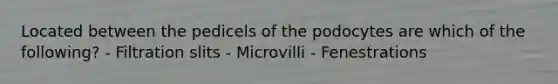 Located between the pedicels of the podocytes are which of the following? - Filtration slits - Microvilli - Fenestrations