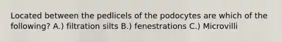 Located between the pedlicels of the podocytes are which of the following? A.) filtration silts B.) fenestrations C.) Microvilli