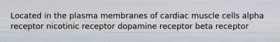 Located in the plasma membranes of cardiac muscle cells alpha receptor nicotinic receptor dopamine receptor beta receptor