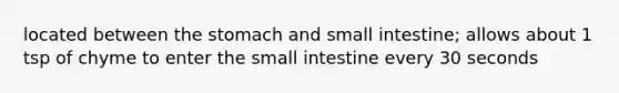 located between the stomach and small intestine; allows about 1 tsp of chyme to enter the small intestine every 30 seconds