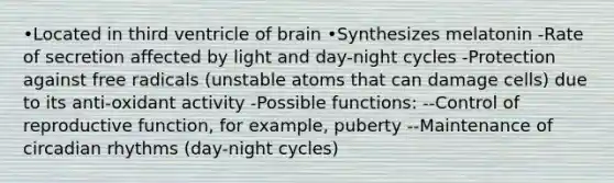 •Located in third ventricle of brain •Synthesizes melatonin -Rate of secretion affected by light and day-night cycles -Protection against free radicals (unstable atoms that can damage cells) due to its anti-oxidant activity -Possible functions: --Control of reproductive function, for example, puberty --Maintenance of <a href='https://www.questionai.com/knowledge/k8XAG3VjEz-circadian-rhythms' class='anchor-knowledge'>circadian rhythms</a> (day-night cycles)