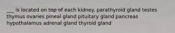 ___ is located on top of each kidney. parathyroid gland testes thymus ovaries pineal gland pituitary gland pancreas hypothalamus adrenal gland thyroid gland