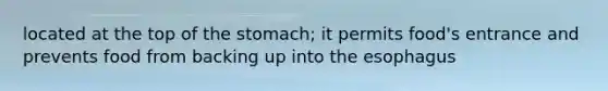 located at the top of the stomach; it permits food's entrance and prevents food from backing up into the esophagus