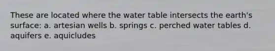 These are located where the water table intersects the earth's surface: a. artesian wells b. springs c. perched water tables d. aquifers e. aquicludes