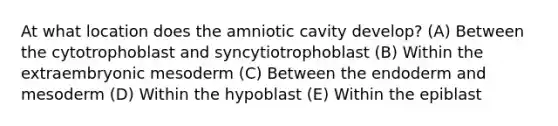 At what location does the amniotic cavity develop? (A) Between the cytotrophoblast and syncytiotrophoblast (B) Within the extraembryonic mesoderm (C) Between the endoderm and mesoderm (D) Within the hypoblast (E) Within the epiblast