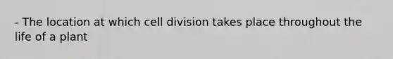 - The location at which <a href='https://www.questionai.com/knowledge/kjHVAH8Me4-cell-division' class='anchor-knowledge'>cell division</a> takes place throughout the life of a plant