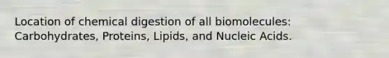 Location of chemical digestion of all biomolecules: Carbohydrates, Proteins, Lipids, and Nucleic Acids.