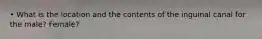 • What is the location and the contents of the inguinal canal for the male? Female?