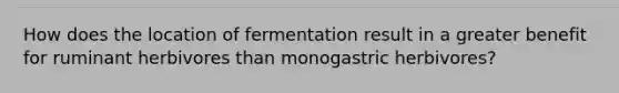 How does the location of fermentation result in a greater benefit for ruminant herbivores than monogastric herbivores?