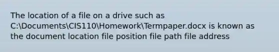 The location of a file on a drive such as C:DocumentsCIS110HomeworkTermpaper.docx is known as the document location file position file path file address