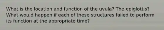 What is the location and function of the uvula? The epiglottis? What would happen if each of these structures failed to perform its function at the appropriate time?