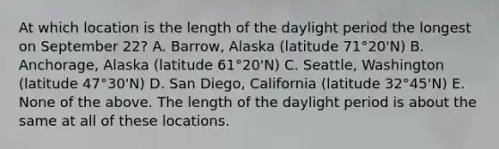 At which location is the length of the daylight period the longest on September 22? A. Barrow, Alaska (latitude 71°20'N) B. Anchorage, Alaska (latitude 61°20'N) C. Seattle, Washington (latitude 47°30'N) D. San Diego, California (latitude 32°45'N) E. None of the above. The length of the daylight period is about the same at all of these locations.