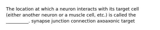 The location at which a neuron interacts with its target cell (either another neuron or a muscle cell, etc.) is called the __________. synapse junction connection axoaxonic target