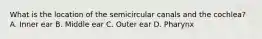 What is the location of the semicircular canals and the cochlea? A. Inner ear B. Middle ear C. Outer ear D. Pharynx