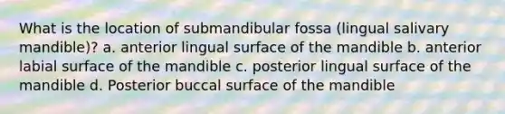 What is the location of submandibular fossa (lingual salivary mandible)? a. anterior lingual surface of the mandible b. anterior labial surface of the mandible c. posterior lingual surface of the mandible d. Posterior buccal surface of the mandible