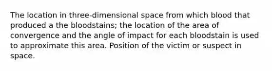 The location in three-dimensional space from which blood that produced a the bloodstains; the location of the area of convergence and the angle of impact for each bloodstain is used to approximate this area. Position of the victim or suspect in space.