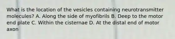 What is the location of the vesicles containing neurotransmitter molecules? A. Along the side of myofibrils B. Deep to the motor end plate C. Within the cisternae D. At the distal end of motor axon