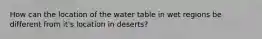 How can the location of the water table in wet regions be different from it's location in deserts?