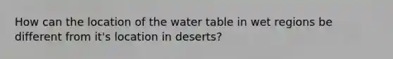 How can the location of the water table in wet regions be different from it's location in deserts?