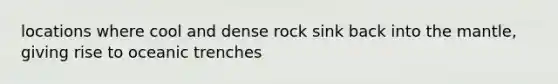 locations where cool and dense rock sink back into <a href='https://www.questionai.com/knowledge/kHR4HOnNY8-the-mantle' class='anchor-knowledge'>the mantle</a>, giving rise to oceanic trenches