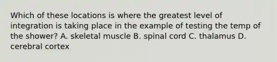 Which of these locations is where the greatest level of integration is taking place in the example of testing the temp of the shower? A. skeletal muscle B. spinal cord C. thalamus D. cerebral cortex