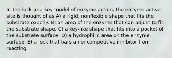 In the lock-and-key model of enzyme action, the enzyme active site is thought of as A) a rigid, nonflexible shape that fits the substrate exactly. B) an area of the enzyme that can adjust to fit the substrate shape. C) a key-like shape that fits into a pocket of the substrate surface. D) a hydrophilic area on the enzyme surface. E) a lock that bars a noncompetitive inhibitor from reacting.