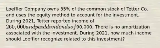 Loeffler Company owns 35% of the common stock of Tetter Co. and uses the equity method to account for the investment. During 2021, Tetter reported income of 260,000 and paid dividends of90,000. There is no amortization associated with the investment. During 2021, how much income should Loeffler recognize related to this investment?