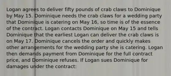 Logan agrees to deliver fifty pounds of crab claws to Dominique by May 15. Dominique needs the crab claws for a wedding party that Dominique is catering on May 16, so time is of the essence of the contract. Logan contacts Dominique on May 15 and tells Dominique that the earliest Logan can deliver the crab claws is on May 17. Dominique cancels the order and quickly makes other arrangements for the wedding party she is catering. Logan then demands payment from Dominique for the full contract price, and Dominique refuses. If Logan sues Dominique for damages under the contract: